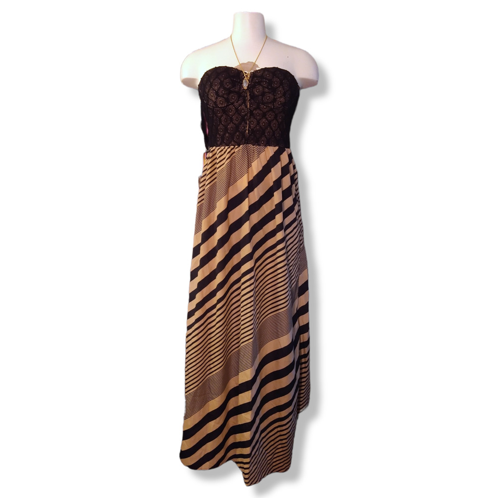 tan black diagonal stripe strapless dress size large Love Chesley